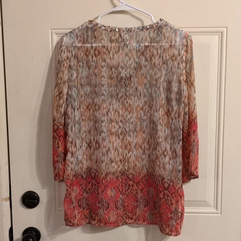 Chicos Tunic: Sheer, Abstract Print Embellished With Beads & Rhinestones, V-Neck - Picture 9 of 16